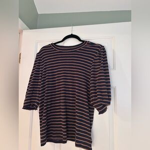 NWOT Lucky Brand Navy and Brown Striped Crewneck Top L